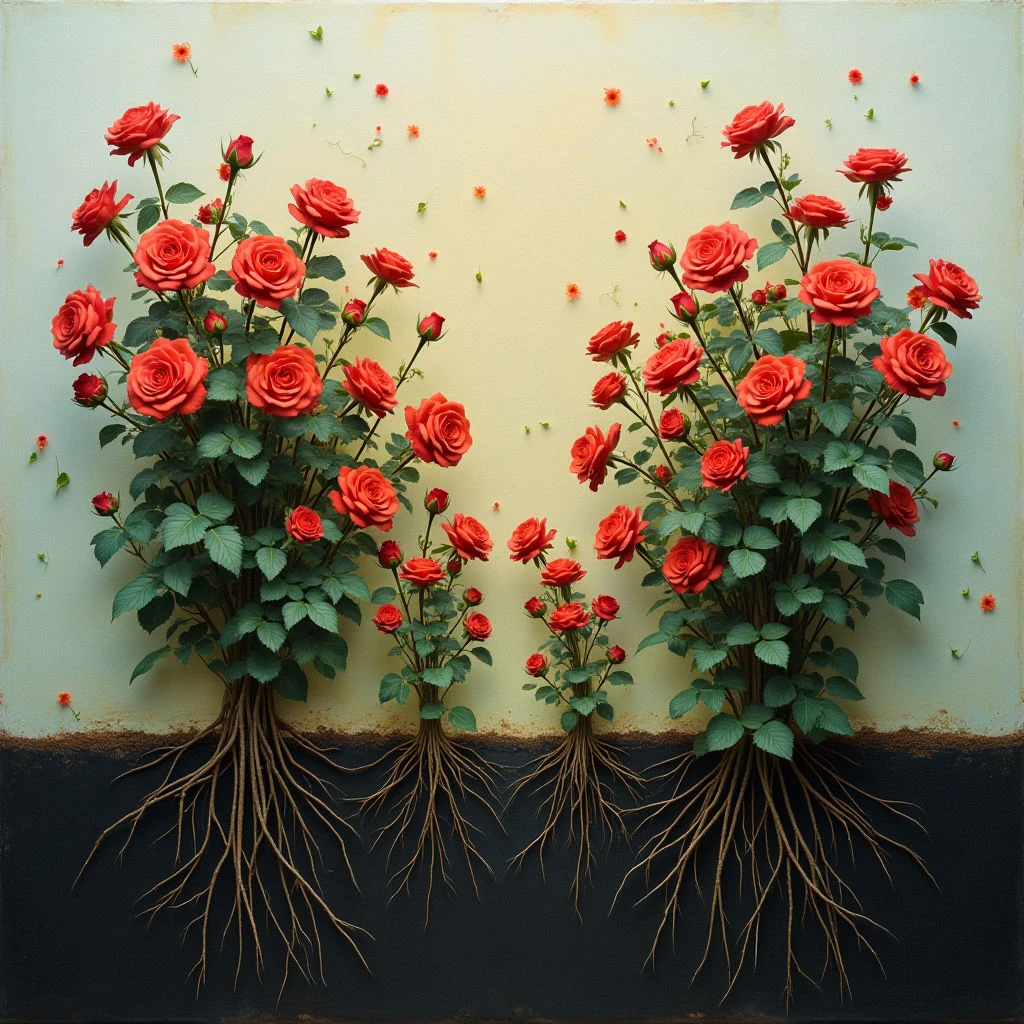 Three rose bushes of varying sizes grow directly out of a dark soil line against a pale green wall. Their exposed root systems are detailed and sprawling, contrasting with the vibrant red blooms and lush green leaves above. Small orange wildflowers drift in the air between the bushes, adding a touch of whimsy to the composition.