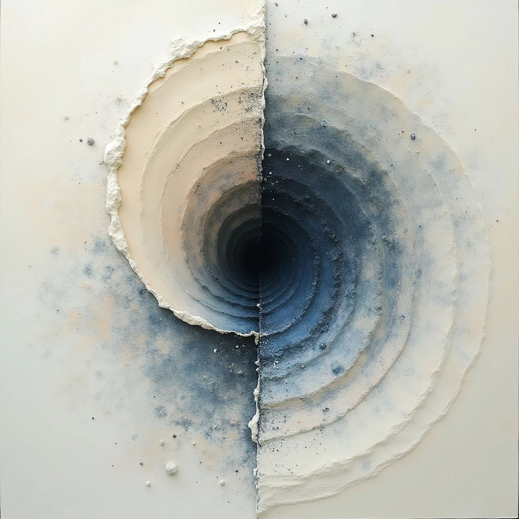The image features a circular form bisected into two contrasting halves—one pale beige and the other deep indigo. Concentric rings create an illusion of depth that spirals towards a central dark void, with varying textures ranging from smooth gradients to rough, speckled surfaces. Soft, diffused light highlights the raised relief of the spiral and casts subtle shadows across the surrounding flat plane.