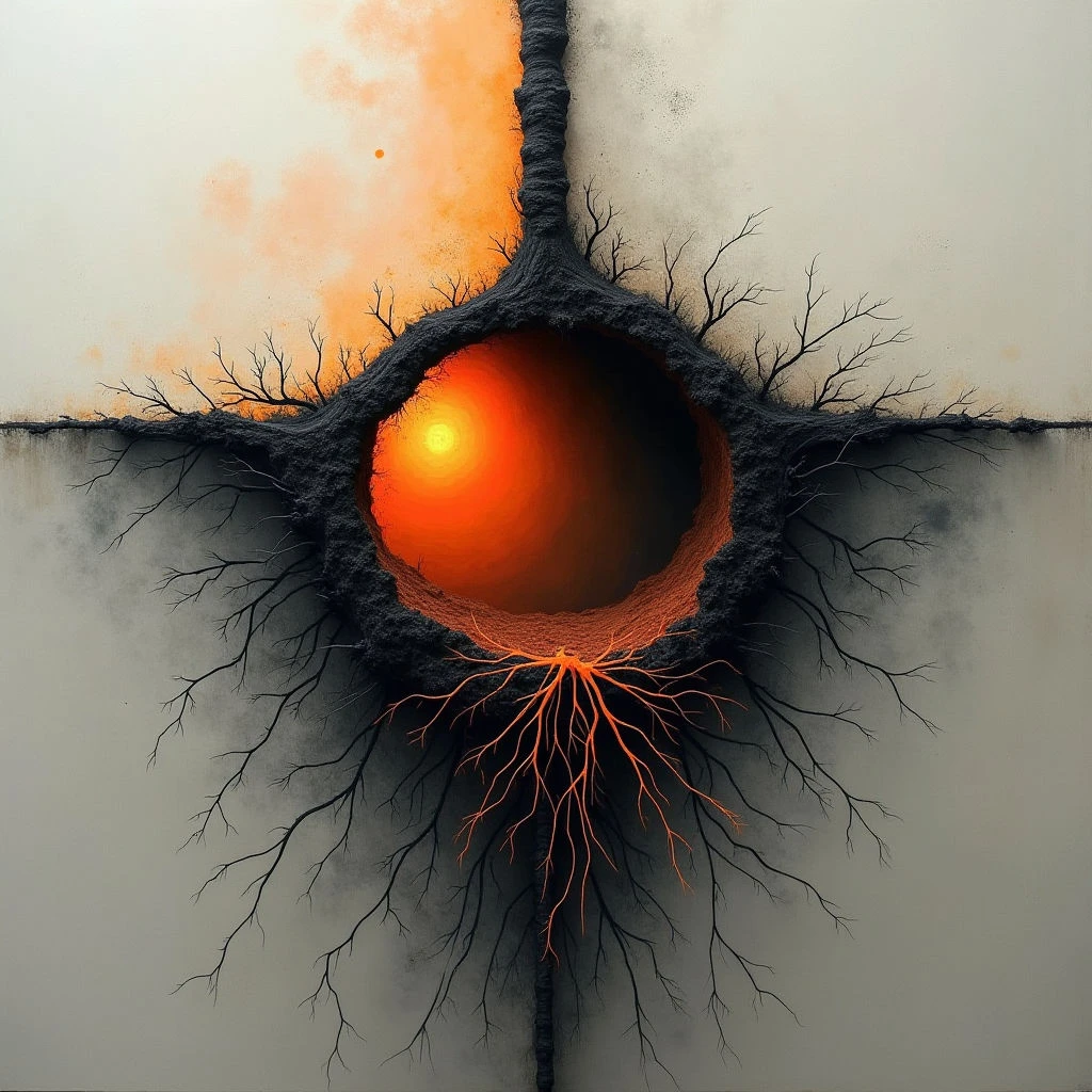 The image features a central void of intense orange and yellow radiating light within a dark, textured frame resembling cracked earth or stone. Branching, root-like structures extend outwards from the opening in shades of orange and black against a pale grey background. The composition is largely symmetrical with a vertical fissure above the circular opening, creating depth and suggesting an internal space beyond the surface.