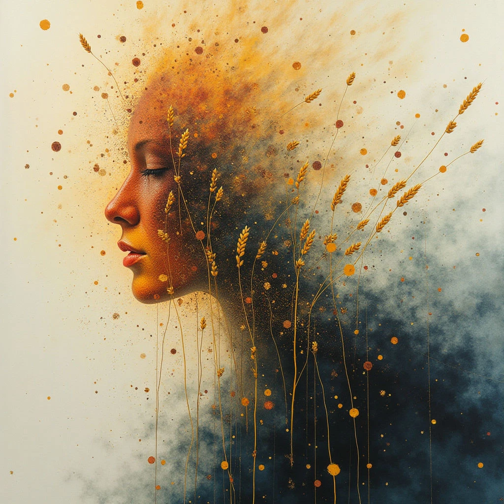 A woman’s face is depicted in profile, her eyes closed as if in peaceful contemplation. Her hair seamlessly transitions from golden wheat stalks at the crown to a dark, smoky cascade flowing downwards. Golden specks and particles surround her, giving the impression of light or seeds dispersing into the air.