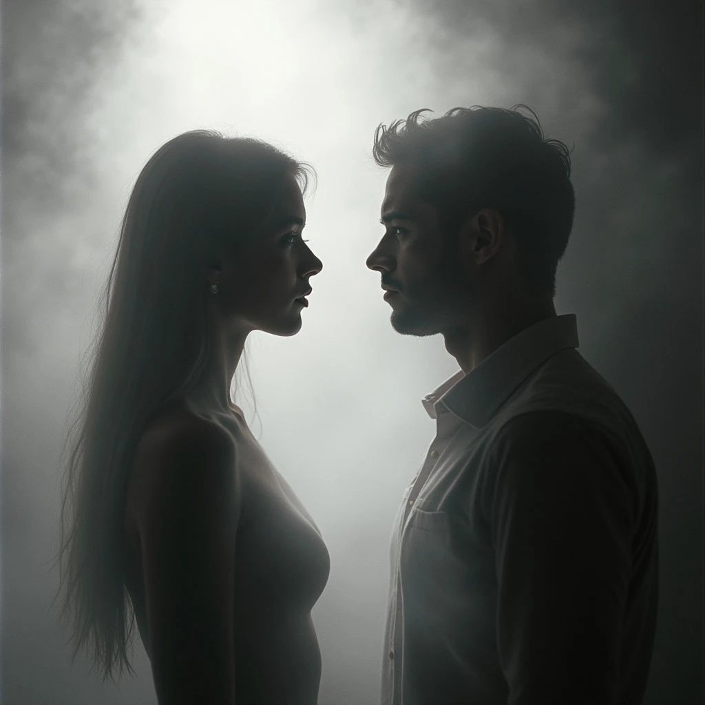A man and woman stand nearly nose-to-nose, their profiles sharply defined against a hazy, grey background. Both appear intensely focused on the other, creating a sense of tension or deep connection. The dim lighting emphasizes their silhouettes and long hair, adding to the dramatic mood.