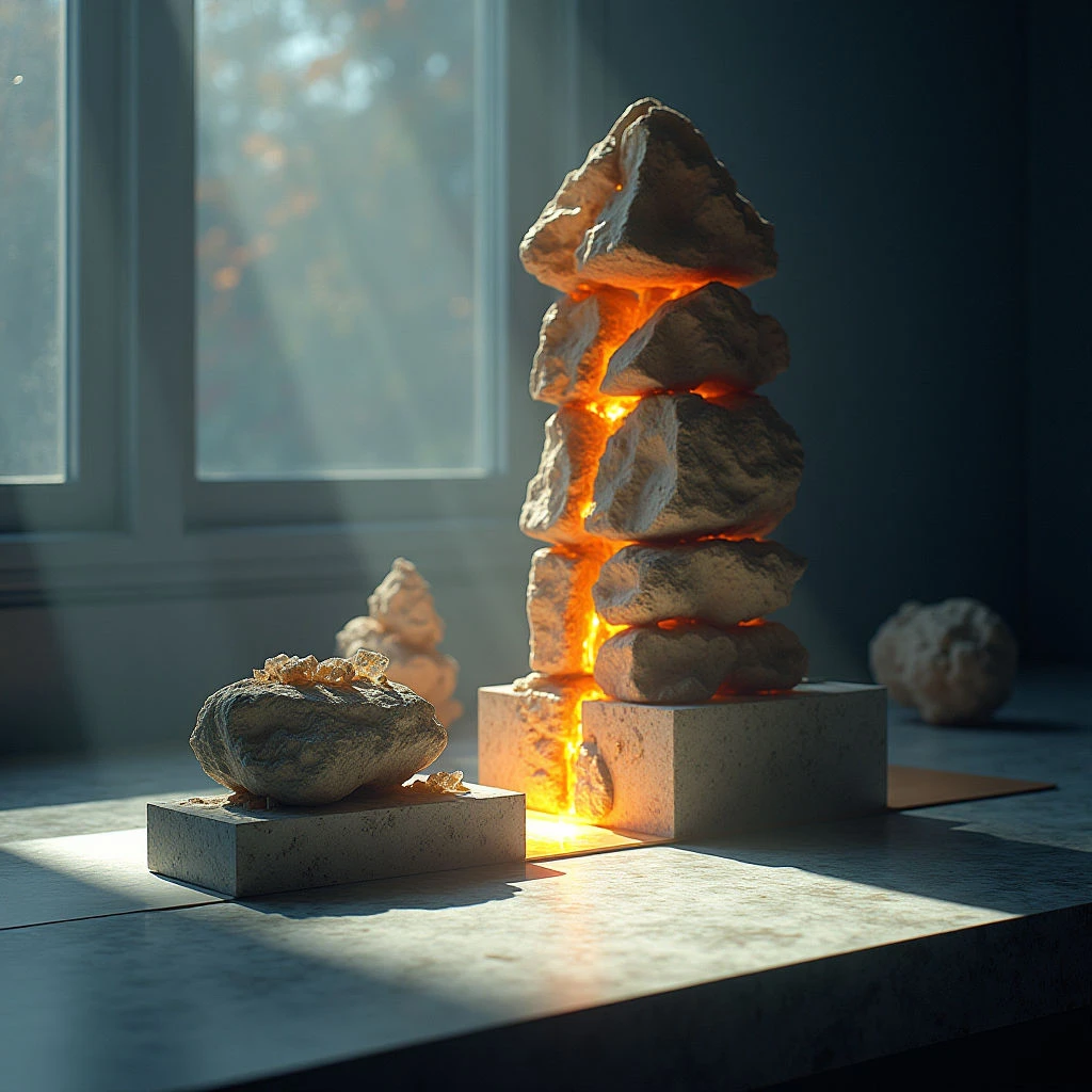 The scene features a collection of irregularly shaped, pale stone forms illuminated by warm orange light emanating from between stacked pieces and small bases. Cool blue tones dominate the background and surrounding surfaces, contrasting with the stones’ warmer hues and creating shadows that stretch across a textured wooden plane. Spatial arrangement suggests a shallow depth of field, with objects receding towards a blurred window in the distance.