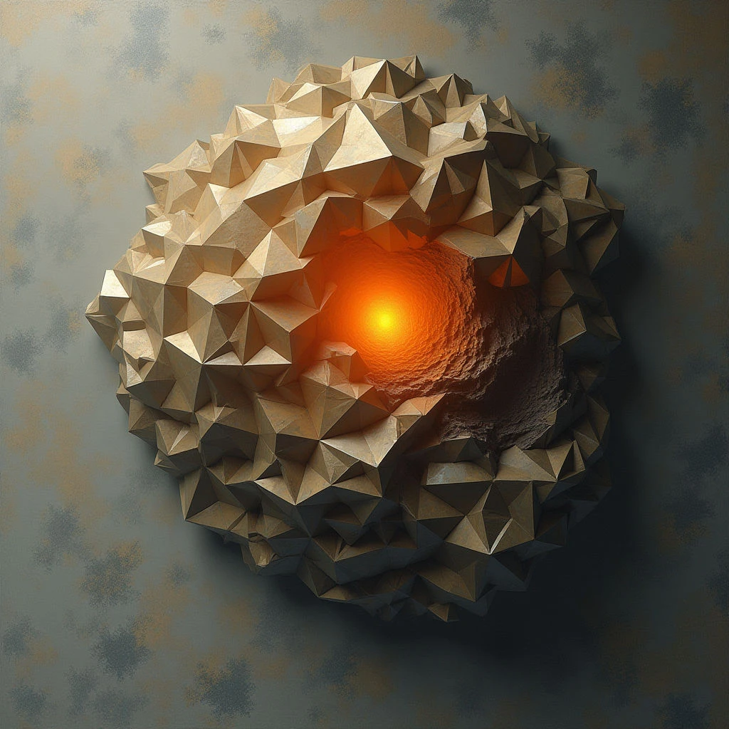 The image features a central form composed of numerous angular, pyramid-like facets in shades of beige and gold, clustered around an illuminated core of orange light. The texture appears faceted and somewhat rough, contrasting with the smooth gradient of light emanating from within the shape’s opening. A mottled background in muted gray and brown tones provides spatial context, suggesting depth and distance behind the primary form.