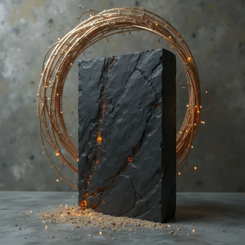 A dark, rectangular stone monolith with a rough, craggy texture sits centrally against a muted gray background. Glowing orange light emanates from within the deep fissures of the stone and illuminates a pile of coarse sand at its base. A large, circular halo composed of thin, golden-colored wires and tiny points of light frames the monolith in the background.