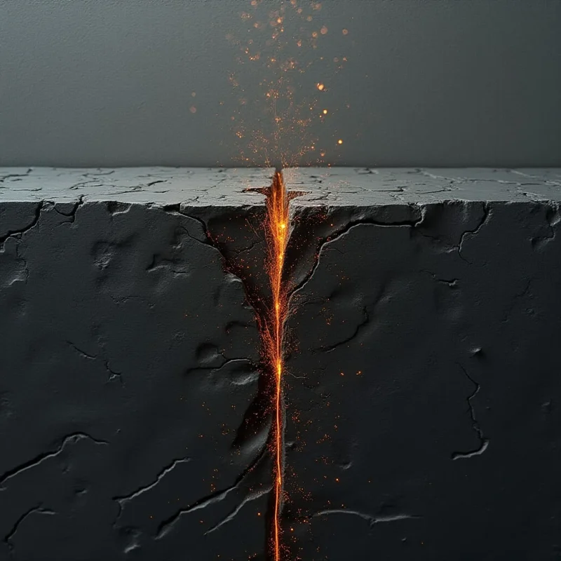 A dark, matte gray slab with a rough, cracked texture is split vertically by a glowing orange fissure. Bright sparks and luminous particles rise from the central crevice against a solid, muted gray background. The composition is defined by the sharp contrast between the heavy, dark mass of the stone and the thin, radiant line of light.