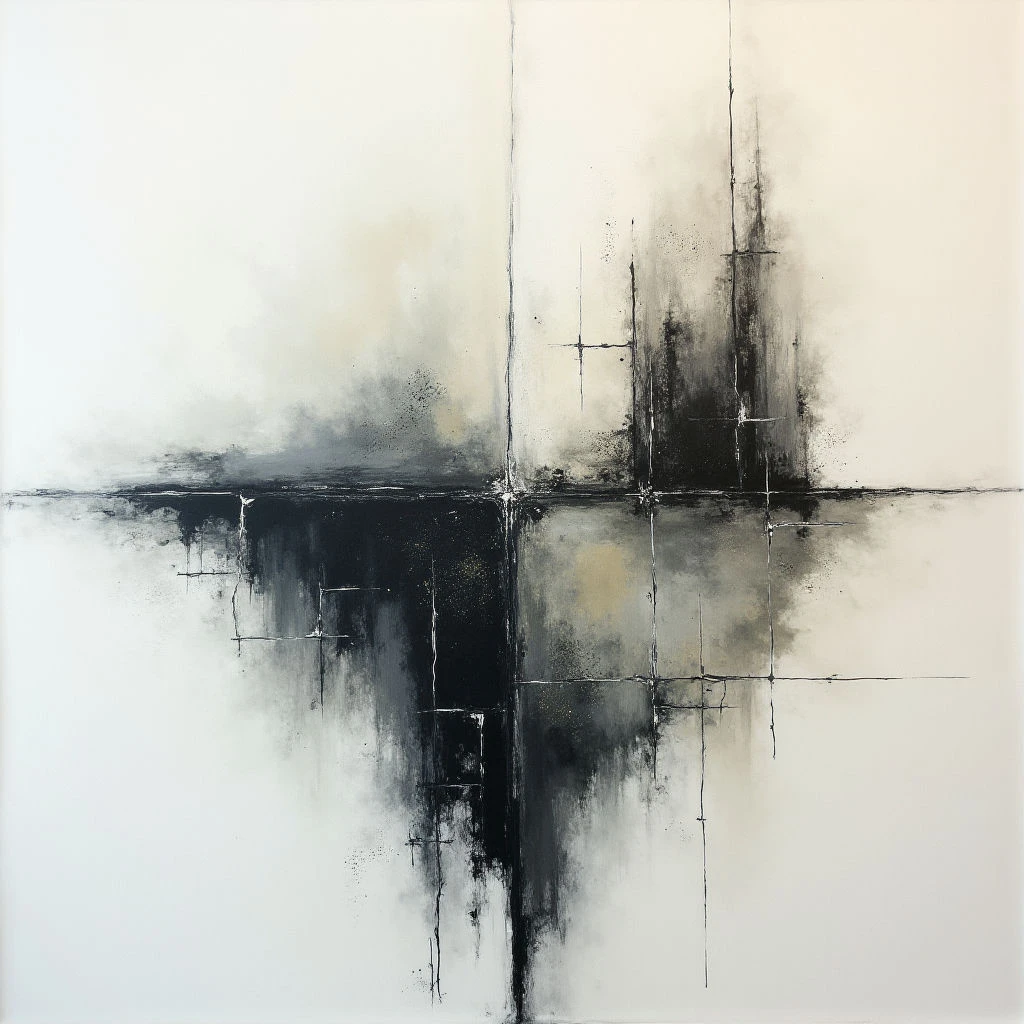 A dark, horizontal band bisects a primarily white and grey abstract composition. Above and below the line are blurred shapes of black and grey, suggesting reflections or shadows, intersected by thin, intersecting vertical lines. The overall effect is one of stark contrast and minimalist elegance with hints of gold within the darker areas.