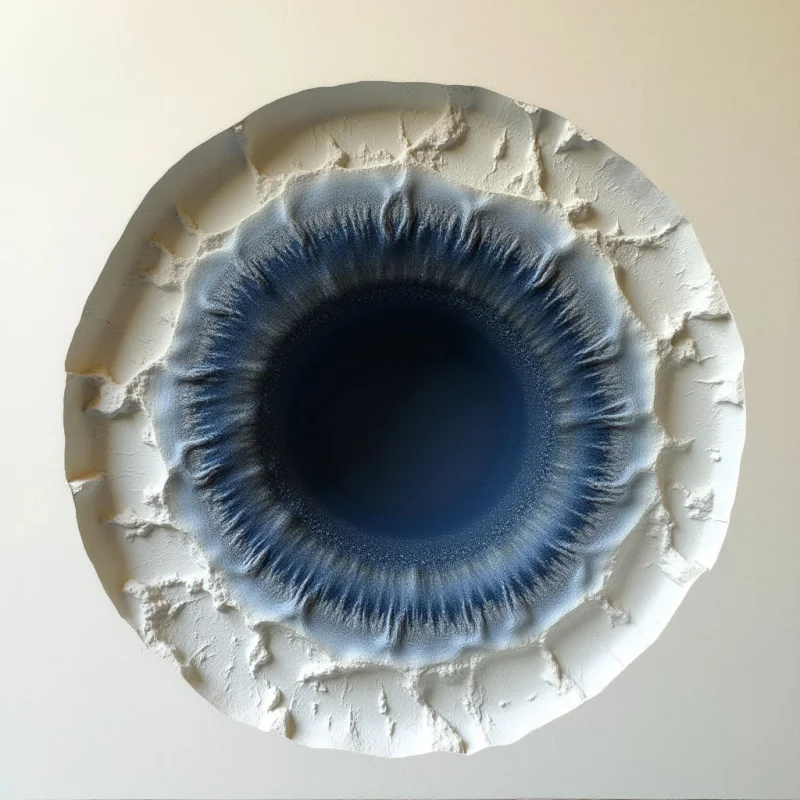 A deep navy blue circular void sits at the center of a textured white disk, radiating outward with fine, dark striations that resemble organic fibers or iris patterns. The central blue area transitions from a solid, dark core to feathered edges that blend into a heavily crinkled and uneven white surface. This composition is defined by concentric radial shapes and high-contrast tones set against a flat, neutral background.