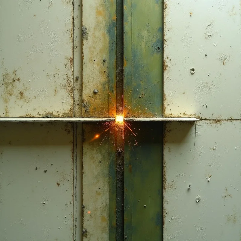 Vertical rectangular panels in muted shades of off-white and weathered teal create a structured background with rough, rusted textures. A bright orange spark erupts from the center where a horizontal line intersects the vertical columns, casting a warm glow against the matte surfaces. The composition is defined by rigid geometric lines and a central point of intense light and motion.