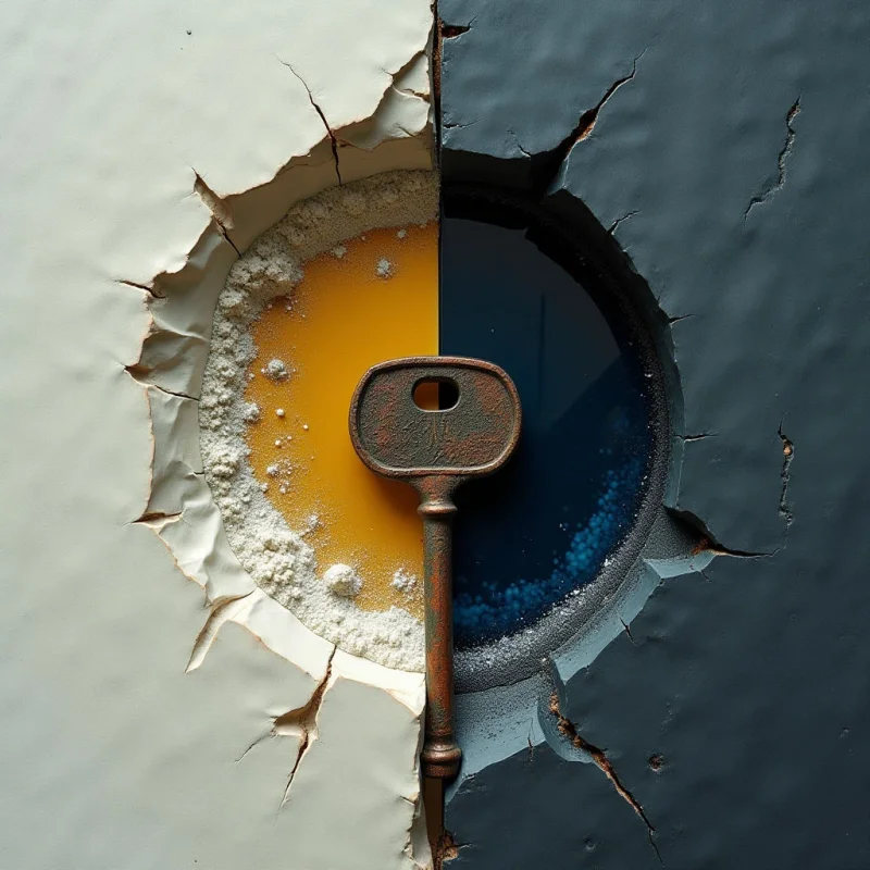 A vertical division splits the image into a pale cream side and a dark slate gray side, centered around a large circular opening. A rusted metal key sits vertically in the middle, overlapping a bright yellow interior on the left and a deep blue textured surface on the right. Jagged, cracked edges surround the central void, creating a sense of depth between the flat outer surfaces and the granular, colorful interiors.