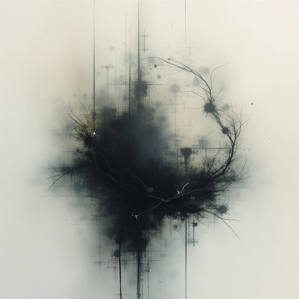 A dark, amorphous shape dominates the center of a pale background, appearing almost like smoke or an explosion contained within faint grid lines. Delicate, spidery branches extend from the central mass, dotted with small, blurred spots of shadow. The overall effect is ethereal and abstract, suggesting both chaos and fragility.