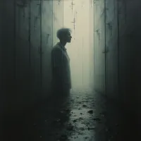 A man stands alone within a narrow corridor of weathered stone walls, appearing almost translucent as streaks fall from his form. The space is dimly lit and filled with fog, drawing the eye towards a bright, distant opening at the end of the hall. Debris litters the floor, suggesting neglect or decay.