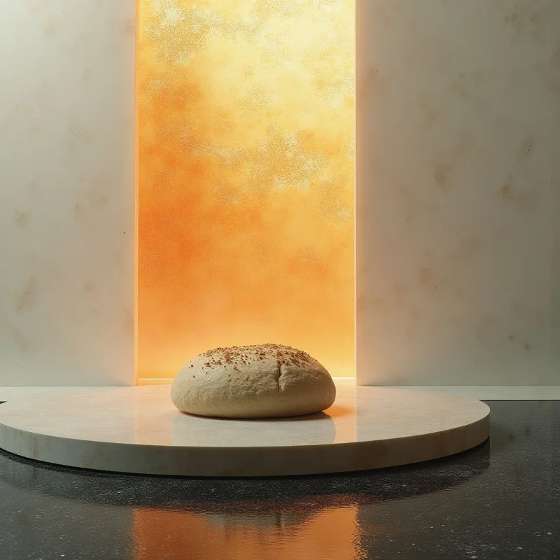 The image features a loaf of bread centered on a circular platform with a reflective surface, set against a backdrop of pale walls framing an intensely orange, textured glow. Soft light emanates from behind the bread, creating highlights and shadows on its crust and casting a reflection onto the dark floor below. The composition utilizes simple geometric shapes – circles and rectangles – to establish depth and focus attention on the central subject.