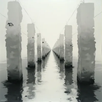 Rows of tall, weathered concrete pillars stretch into a hazy distance across water. Their reflections create a symmetrical pattern on the calm surface, leading the eye toward a vanishing point. A soft fog obscures the far end of the scene, adding to its sense of quiet isolation.