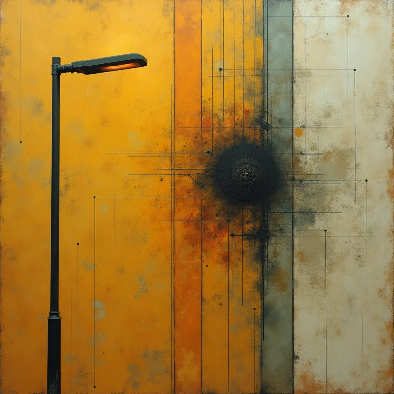 The image features a predominantly warm color palette of ochre, gold, and muted grays, with a stark black lamppost positioned on the left side. A textured surface is visible throughout, suggesting layering and subtle imperfections alongside geometric lines that intersect across vertical bands of color. Light appears diffused, creating soft transitions between shades and emphasizing a central dark circular form within an area of blended orange and gray tones.