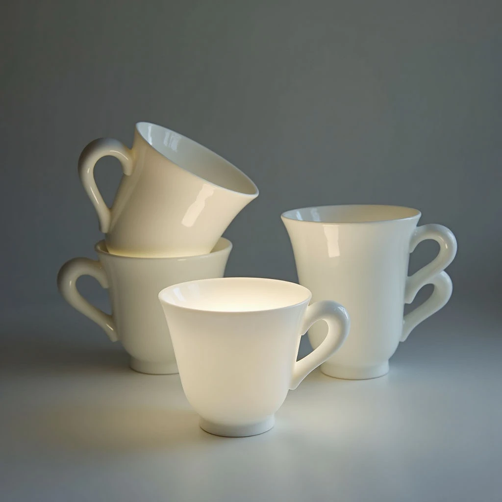 Four white ceramic mugs are arranged on a smooth, light-colored surface against a muted gray backdrop. Three of the mugs are stacked unevenly, while a fourth stands alone slightly forward and to the side. Soft lighting highlights the curves and glossy finish of the porcelain.