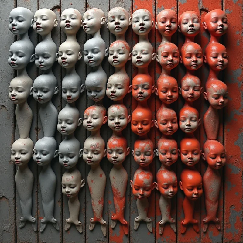 The image features a dense grid of nearly identical sculpted heads arranged closely together on a textured gray wall. The heads alternate between pale gray and reddish-orange tones, with a matte finish suggesting clay or stone; each face is smooth but lacks distinct detail beyond basic facial features and closed eyes. Light appears diffuse and even across the composition, casting minimal shadows and emphasizing the repetitive spatial arrangement of the forms.
