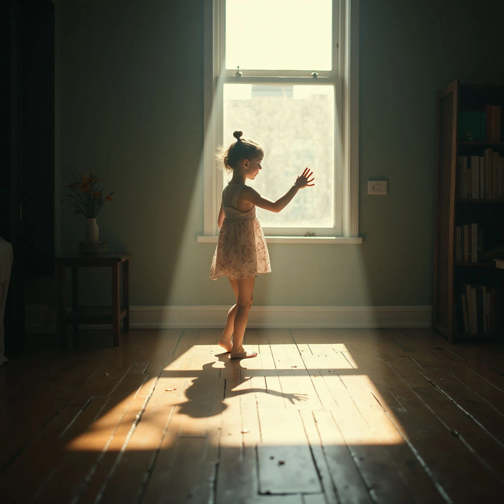 A young girl stands barefoot on a wooden floor, reaching towards the bright light streaming through a window. She’s wearing a pale floral dress and appears lost in thought as she gazes outwards. Her elongated shadow stretches across the warm-toned floorboards, cast by the afternoon sun.