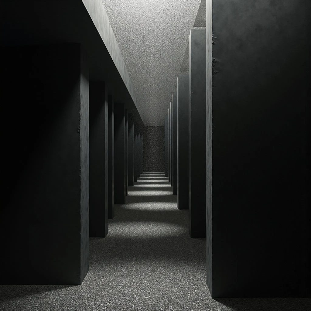 The image is dominated by shades of gray and black, with a range from very dark tones to lighter, textured surfaces. Tall, rectangular blocks are arranged in closely spaced rows, receding into the distance along a flat ground plane; these forms create strong vertical lines and a sense of enclosure. Light falls unevenly across the scene, highlighting the tops of the blocks and casting long shadows that emphasize depth and spatial recession.
