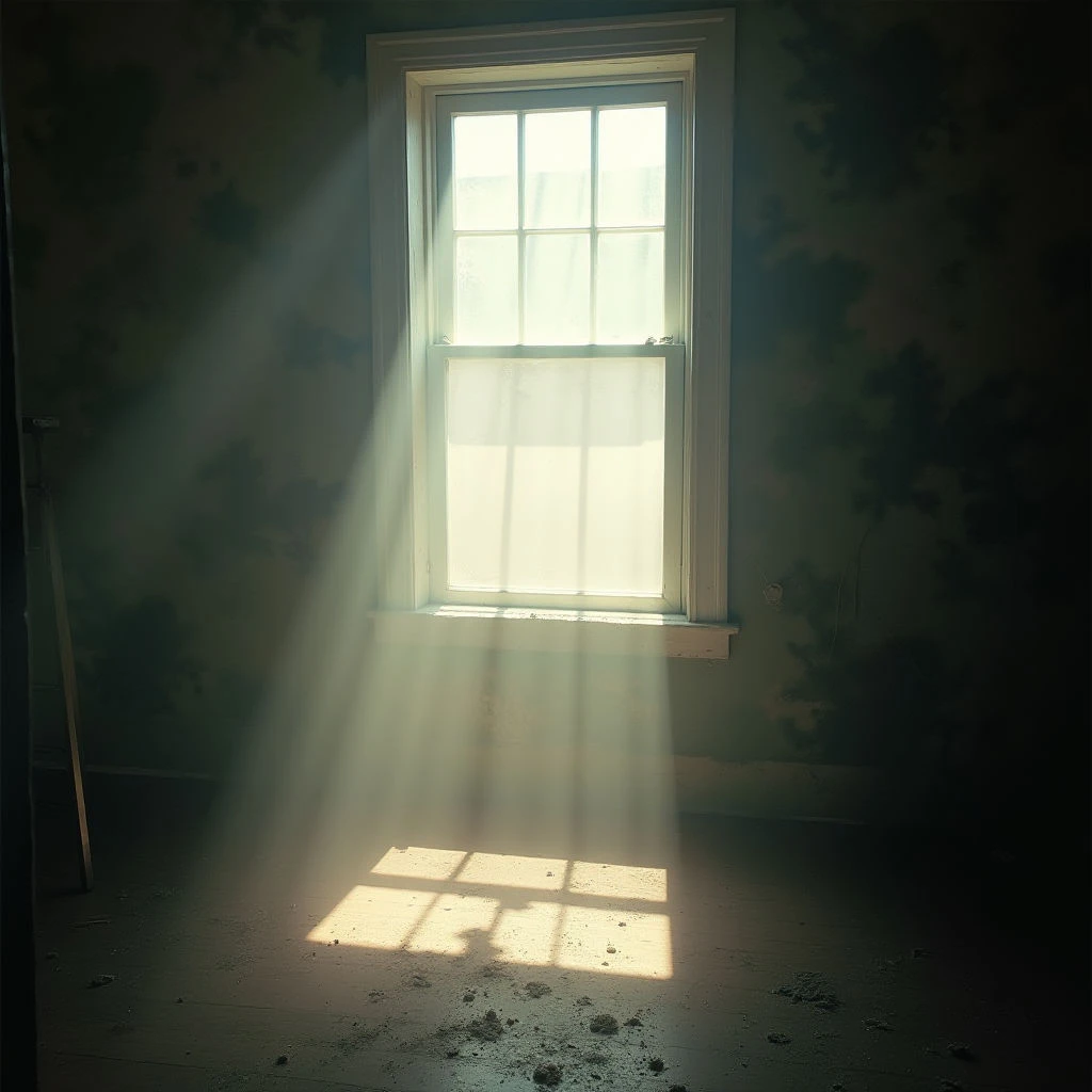 Dust motes dance in thick beams of sunlight streaming through a grimy window into an otherwise dark room. The walls are peeling and faded, suggesting long-term neglect or disuse. Debris is scattered on the wooden floor beneath the bright square cast by the light.