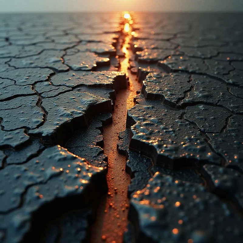 A deep fissure splits a dark, textured landscape of cracked earth, with warm orange light glowing from within the crevice. The rugged, uneven surfaces of the terrain are highlighted by glints of light against a cool-toned, shadowy ground. A bright, hazy light source sits on the horizon, creating a sense of depth as the cracks recede toward the background.