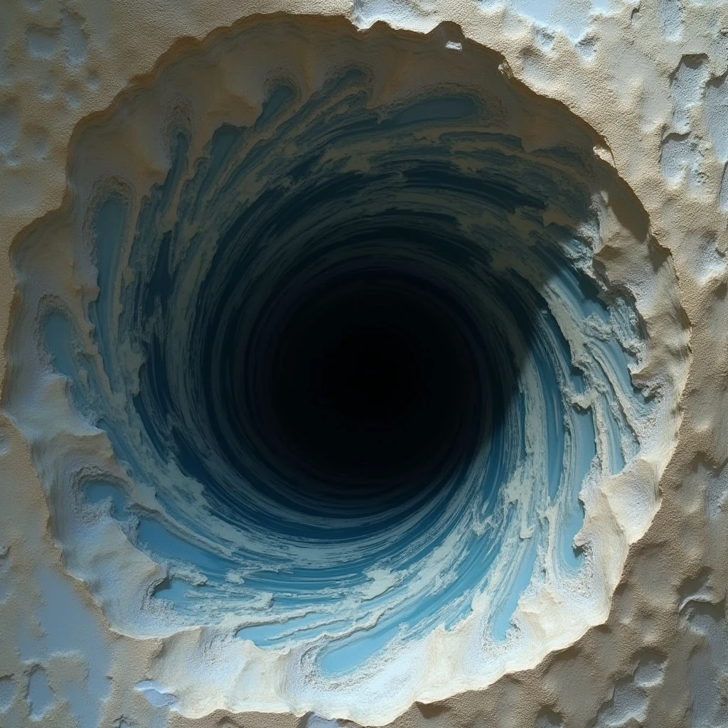 The image features a deep circular void surrounded by layered, textured material in shades of off-white and pale blue. The interior of the circle graduates from lighter blues at the edges to near blackness towards the center, creating a sense of depth. Rough, uneven shapes define the perimeter of the hole and the surrounding surface, contrasting with the swirling patterns within the dark core.