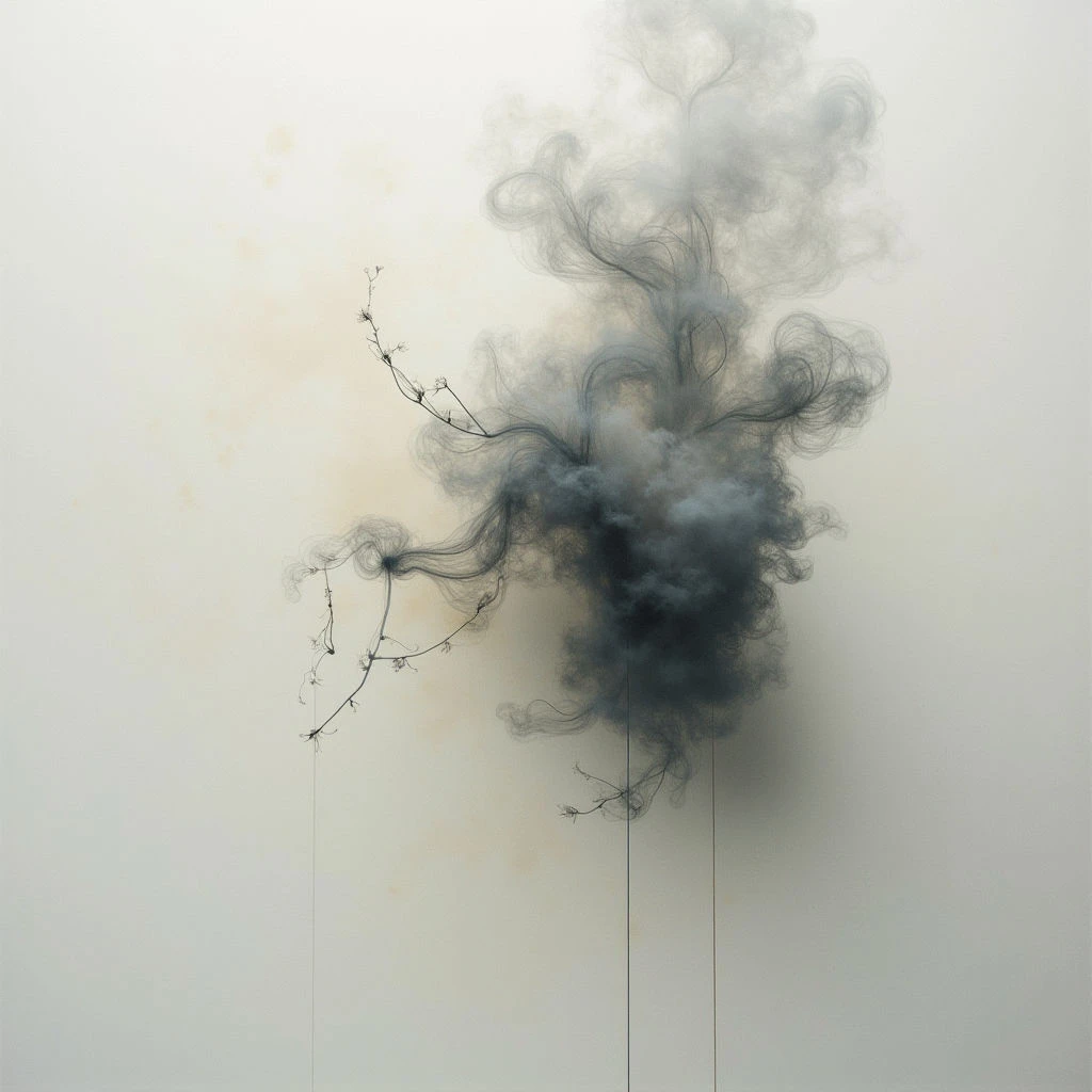 Dark, swirling smoke billows outwards from a delicate branch suspended against a pale wall. The smoke seems to both obscure and emerge *from* the thin, twig-like form, creating an ethereal and contrasting shape. Subtle stains are visible on the wall around the central cloud, hinting at previous moments of dispersion.