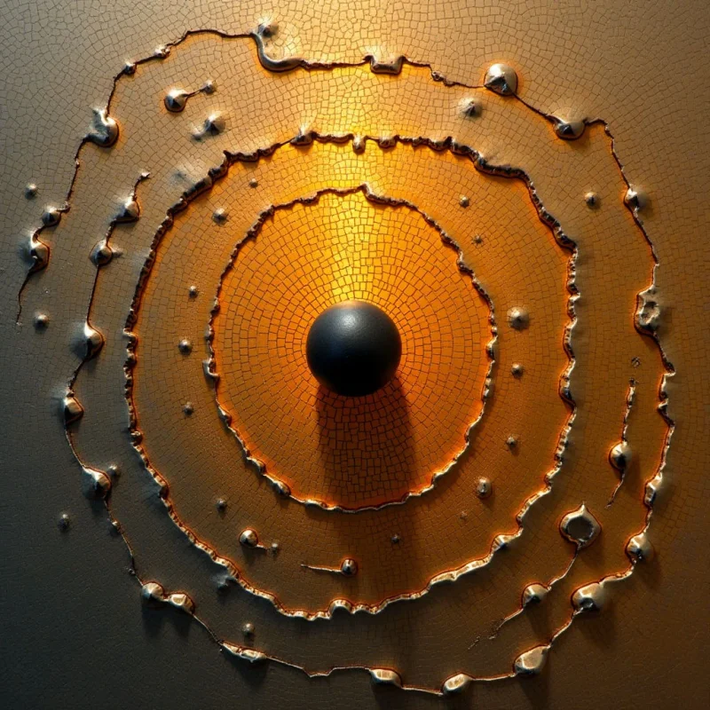 A dark sphere sits at the center of concentric, irregular circular rings composed of cracked, golden-orange textures. Raised, metallic droplets and jagged outlines separate these layers, creating a sense of depth against a muted tan background. Light emanates from the core, casting shadows outward and highlighting the rough, mosaic-like surfaces of the inner circles.