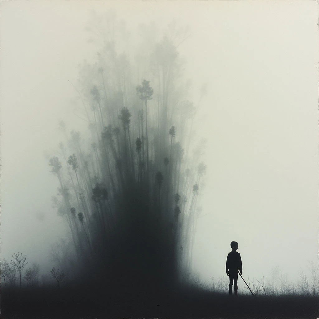 A lone figure stands silhouetted against a dense, ethereal forest shrouded in thick fog. The trees above seem to dissolve into the mist, creating an otherworldly and isolating atmosphere. A dark, indistinct ground line contrasts with the pale background, emphasizing the smallness of the person within the vast landscape.