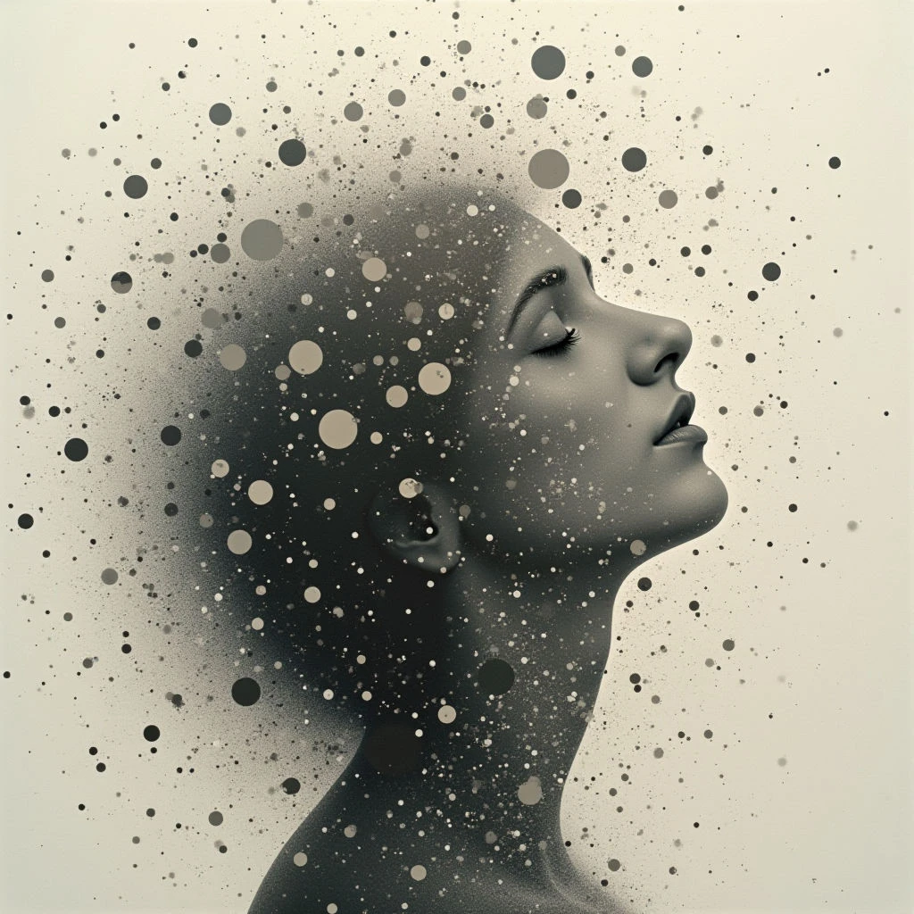 A woman’s face is depicted in profile, her eyes closed and head tilted upwards as if lost in thought. Her form appears to be dissolving into a cloud of dark grey and white dots that radiate outwards from her silhouette. The image has a monochromatic, ethereal quality suggesting themes of memory, fragmentation, or transcendence.