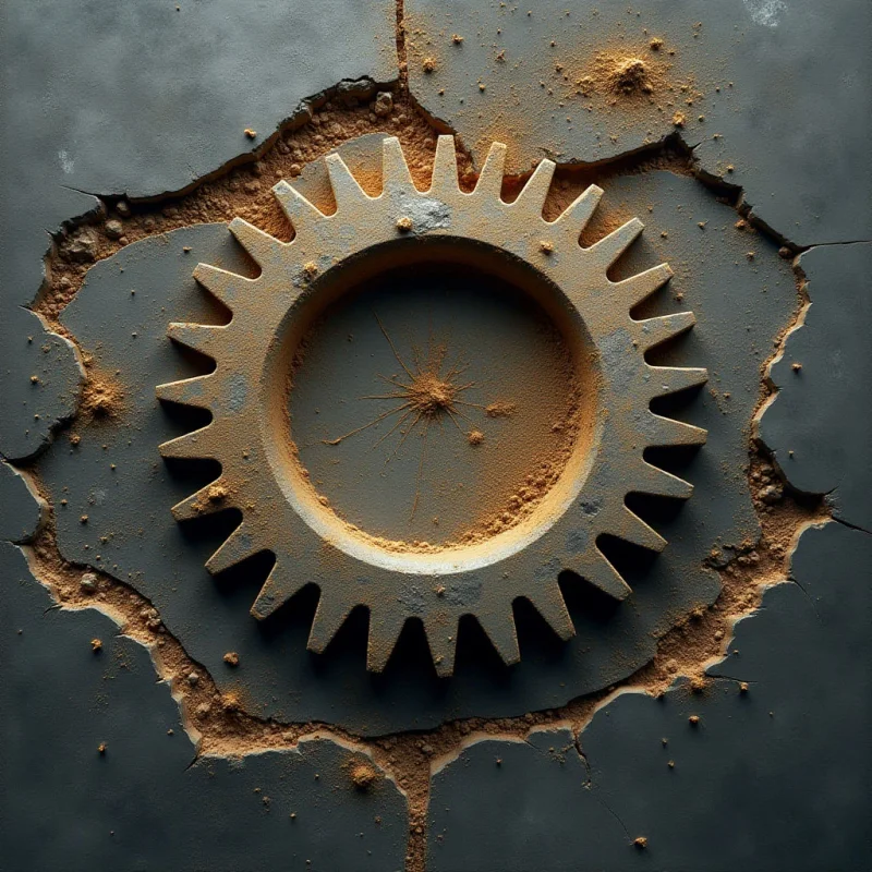 A large, circular gear with jagged teeth is embedded within a cracked, dark gray surface that features rough, sandy edges. The composition uses a muted palette of charcoal and earthy ochre, highlighting the gritty texture of the scattered powder and the fractured stone. Light falls from above, casting soft shadows that emphasize the depth of the central cavity and the relief of the gear's structure.