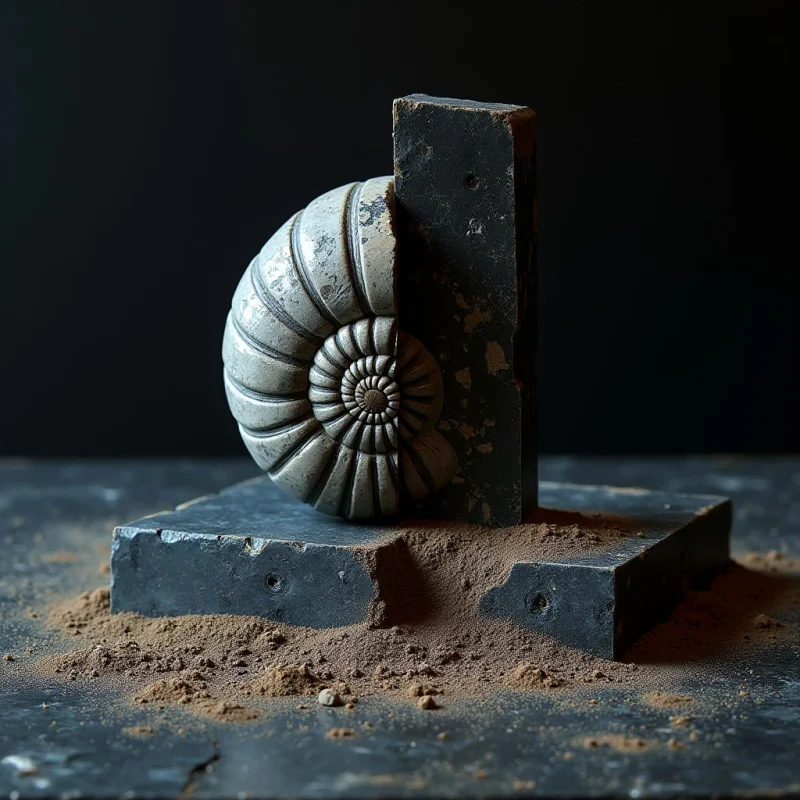 A metallic, spiral-shaped nautilus shell with ridged textures rests against a dark, rectangular block on a flat surface covered in fine brown powder. The composition features high contrast between the silver tones of the shell and the deep black shadows of the background and stone elements. Light originates from the side, casting soft shadows and highlighting the granular texture of the surrounding dust.