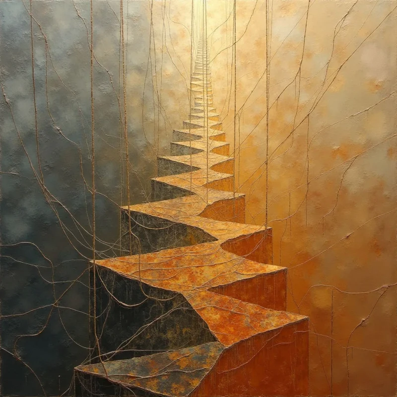 A central zigzagging staircase of textured orange and ochre stone ascends through a gradient background that shifts from deep charcoal to warm golden hues. Thin, dark lines arc across the composition like tangled threads, intersecting the geometric shapes of the steps. Bright light originates from the top center, casting the upper stairs in brilliance while leaving the lower foreground in heavy shadow.