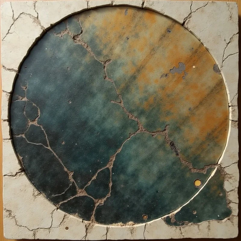 A circular field of mottled teal and ochre sits within a square, off-white frame marked by jagged cracks. Dark, irregular fissures branch across the surface, creating a textured network that connects the central colors to the surrounding border. The composition uses organic shapes and uneven tones to establish a sense of aged, weathered material.