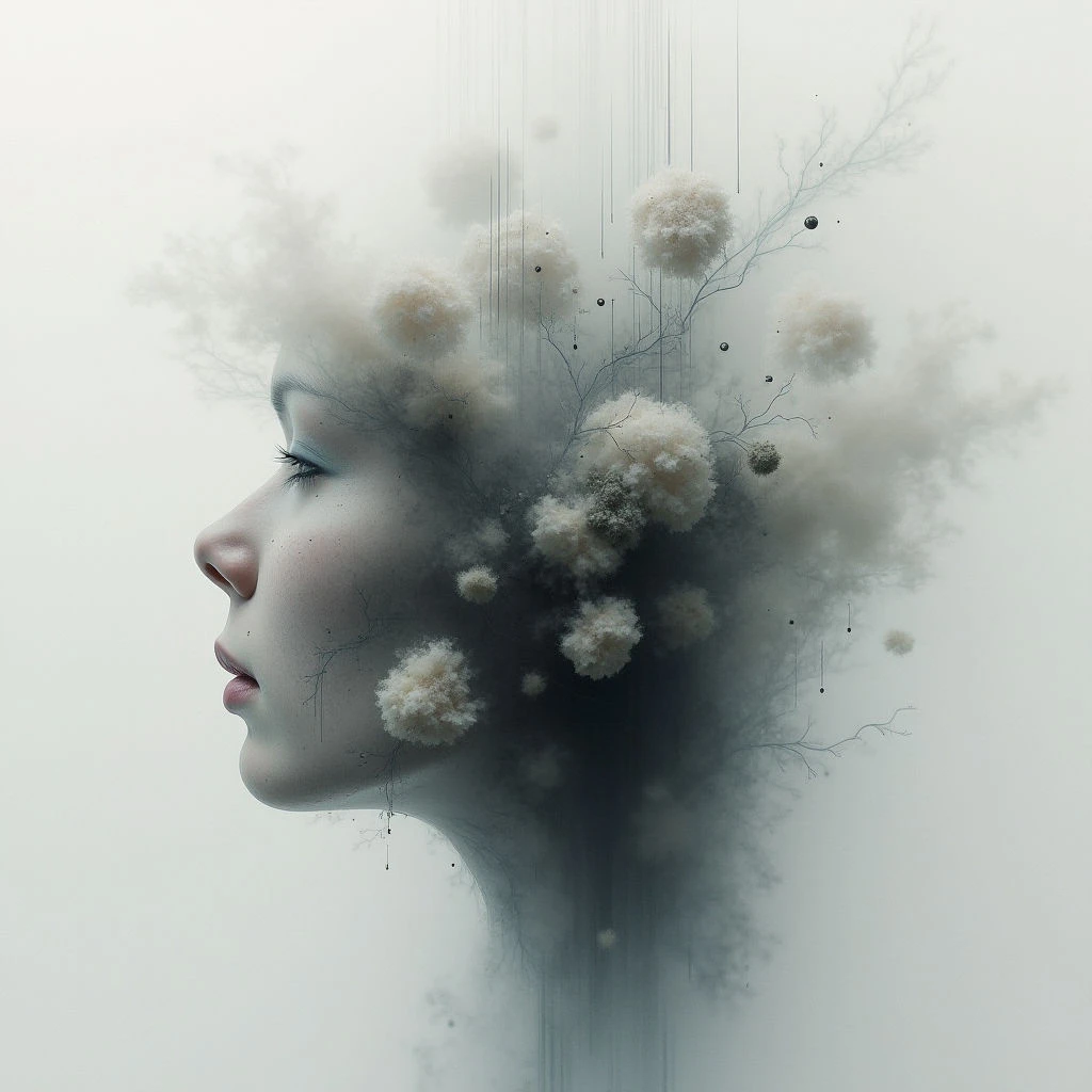 A woman’s profile fades into a cloud of delicate, fluffy white blooms and dark, branching shapes. Her face is serene with closed eyes, while the lower half of her form dissolves into wisps of shadow and light. The overall effect is ethereal and dreamlike, suggesting a merging of personhood with nature.