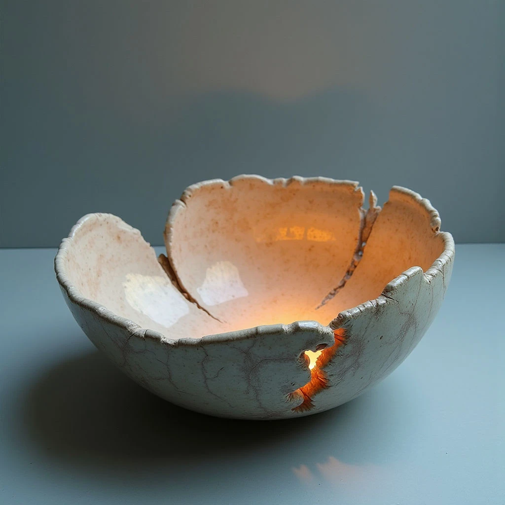 The object is a roughly spherical bowl with an uneven, cracked surface and a pale peach coloration that transitions to warmer tones within the cavity. The texture appears rough and porous, contrasting with smoother areas inside, and light emanates from within, casting shadows onto the surrounding surface. It rests on a flat, cool-toned gray plane, creating a distinct separation between object and background while also reflecting some of the internal glow.