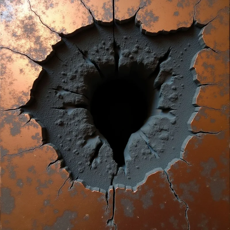 A large, irregular dark crater dominates the center of a textured copper-colored surface, surrounded by radiating jagged cracks. The interior of the void transitions from granular, charcoal-gray textures to deep black shadows, creating a sense of immense depth. Light hits the raised edges of the metallic plane, emphasizing the contrast between the smooth, weathered orange exterior and the rough, cavernous center.