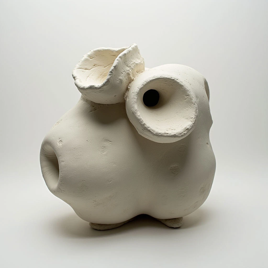 A roughly formed, off-white ceramic vessel sits against a pale background. It has an organic, bulbous shape with uneven surfaces and small indentations all over. Two protrusions extend from the main body—one is a wide, open spout with ruffled edges, while the other is a cylindrical neck featuring a dark hole.