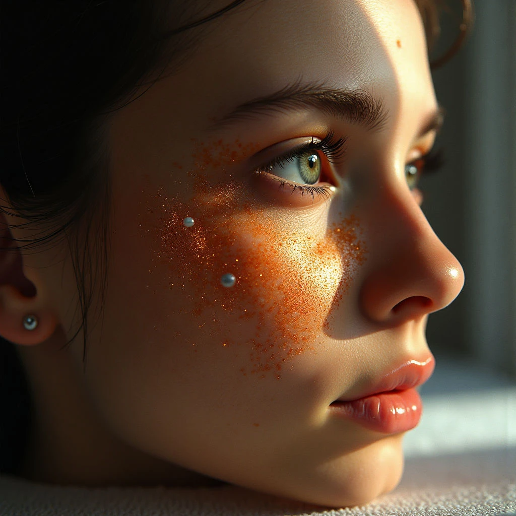 Warm tones of orange and peach dominate the skin, contrasted by cooler browns in the hair and green in the eye. Fine glitter is scattered across the cheekbone, adding a textured element to the smooth facial surfaces, while small metallic studs punctuate the earlobe. Light falls strongly on one side of the face, creating defined shadows and highlighting the profile view; the background appears soft and out of focus, suggesting shallow depth of field.