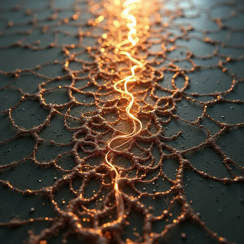 A network of glowing, amber-colored filaments forms an intricate web across a dark, matte surface. The fine, thread-like shapes intertwine to create organic, cellular patterns that emit a warm light, casting soft glints on the textured ground below. A central, brighter line of energy snakes vertically through the composition, establishing a focal point amidst the surrounding interconnected mesh.