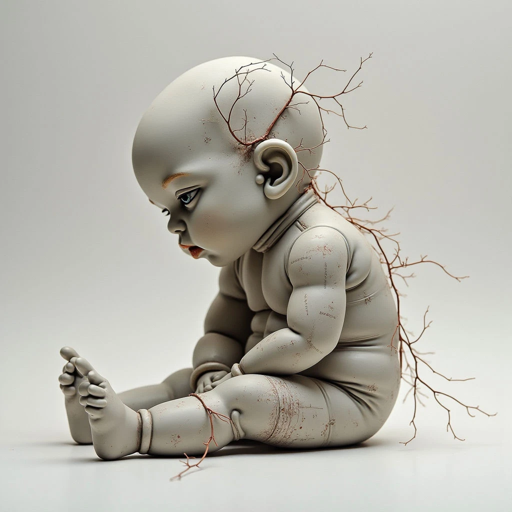 The image features a pale, sculpted figure resembling a baby with delicate blue eyes and reddish-brown branches emerging from its head and limbs. The texture appears smooth on the figure’s skin but rougher on the branching elements, contrasted by subtle markings across the body. Soft, diffused light illuminates the subject against a plain white background, creating gentle shadows and emphasizing the three-dimensional form of the seated pose.