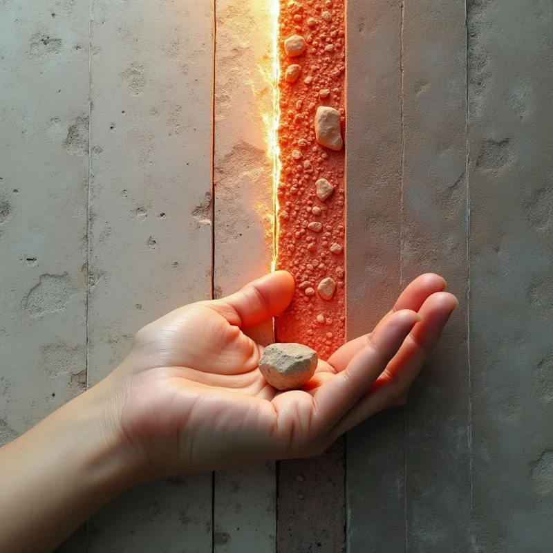 The image features a vertical arrangement of textured gray panels flanking a central column of small orange granules illuminated from within. A pale hand extends into the frame, holding a single stone above its open palm and positioned near the glowing orange material. Light emanates strongly from the center, creating highlights on the surrounding surfaces and casting subtle shadows; spatial depth is suggested by the receding vertical lines of the panels.