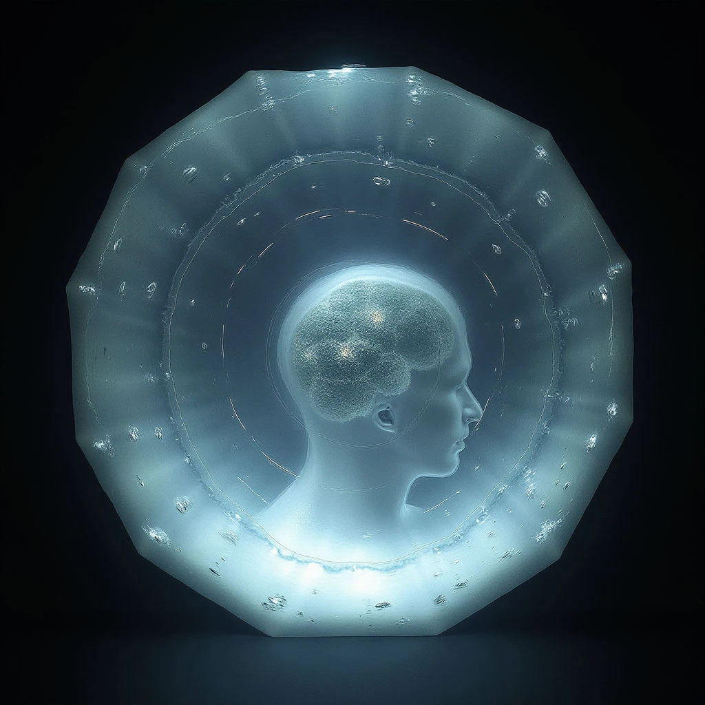The image features a translucent, octagonal structure containing a pale profile of a head within its center. Cool blue and teal tones dominate the composition, with subtle golden highlights concentrated around the head and radiating outwards in concentric circles. The texture appears smooth but diffused, punctuated by small, irregular bumps on the outer surface of the shape, while light seems to emanate from within, creating a soft glow and defining spatial depth.