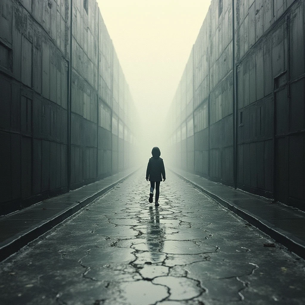 A small figure walks alone down a long, narrow street lined with tall, gray buildings. The pavement is cracked and wet, reflecting the dim light, while fog obscures the distance ahead. It’s an isolating scene, emphasizing the solitude of the child in a vast, impersonal space.
