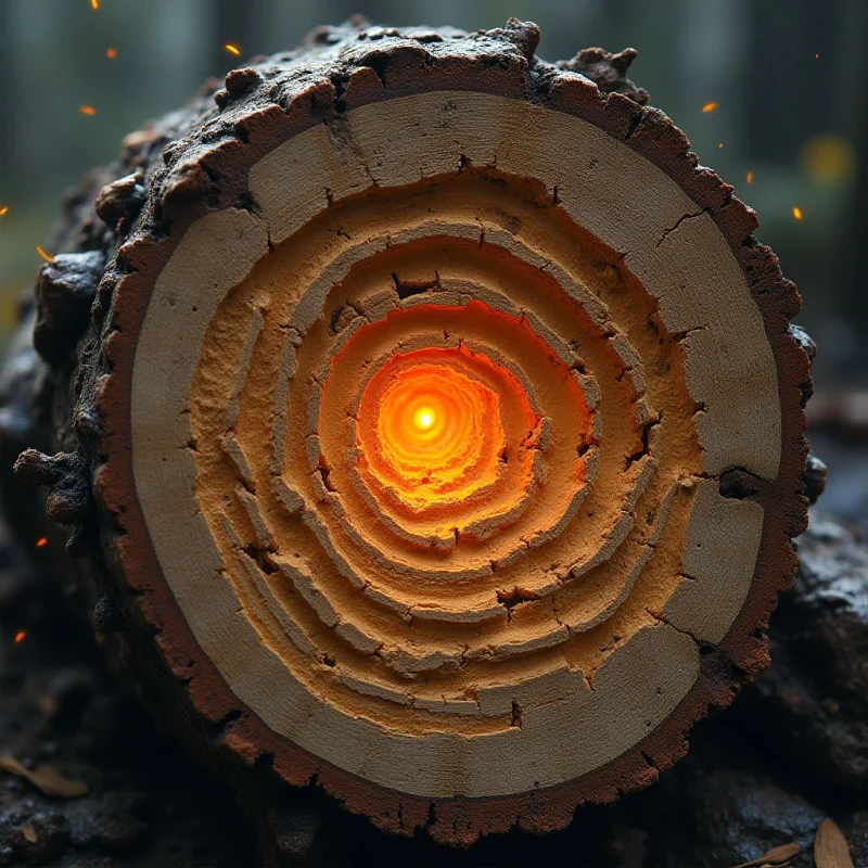 The image centers on a cross-section of a tree trunk with concentric rings emanating from a bright, glowing core. Earth tones dominate, ranging from dark browns and grays in the bark to lighter tans and oranges within the wood grain, which appear textured and uneven. The central light source illuminates the rings, creating a sense of depth while sparks or embers float around the periphery against a blurred background.