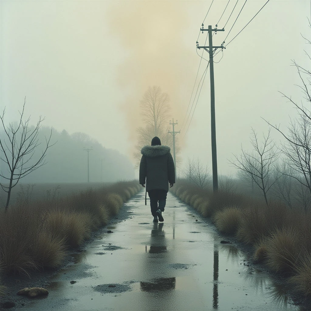 A lone figure walks down a wet, desolate road shrouded in thick fog. Bare trees and tall grasses line the path, punctuated by looming power lines that stretch into the distance. The overall mood is somber and isolated, with a hint of mystery hanging in the air.