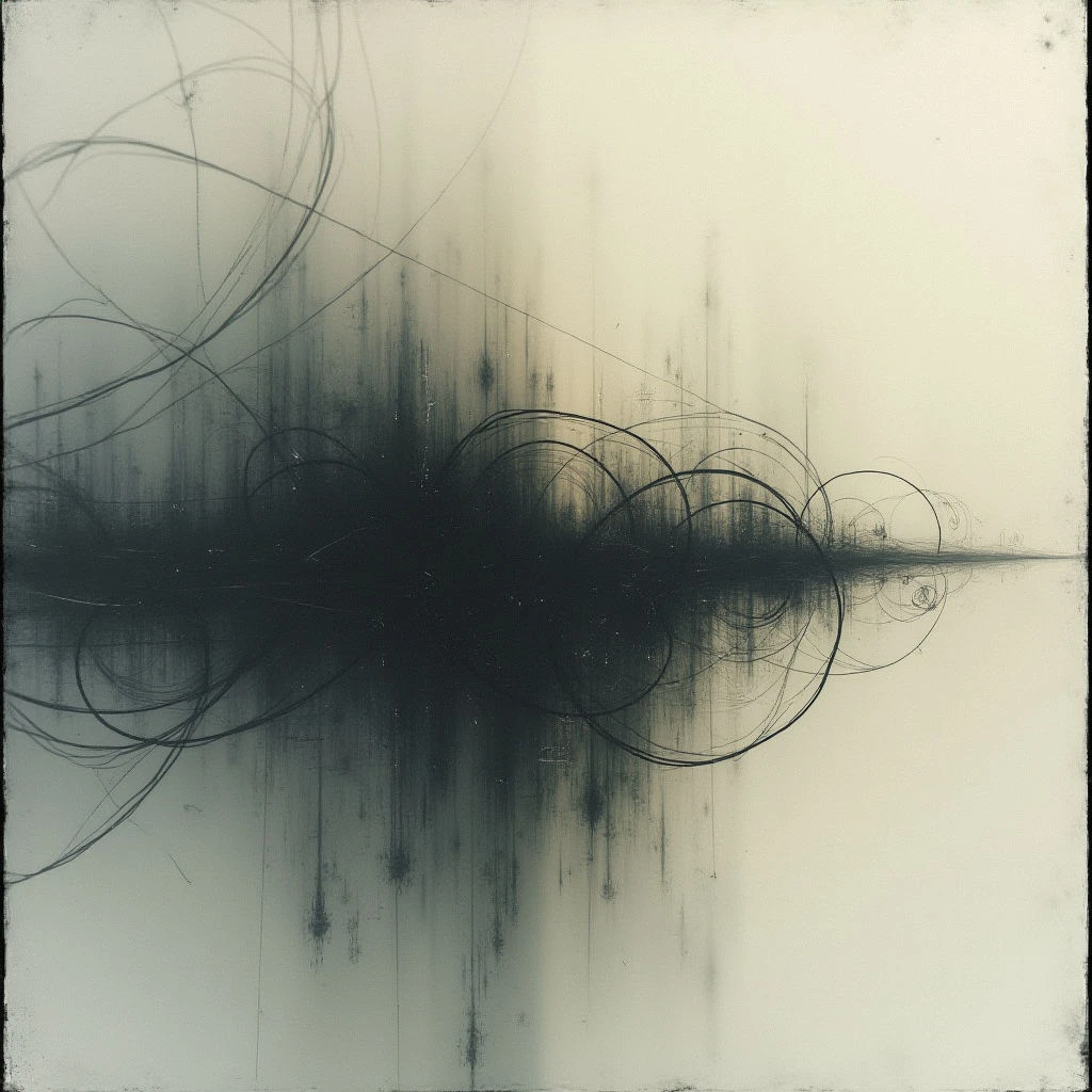 A dark, chaotic mass of swirling lines dominates the center of a pale, textured background. Vertical streaks and subtle washes of gray radiate outwards from this central form, creating a sense of energy and movement. The overall impression is abstract and atmospheric, like a blurred memory or distant storm.