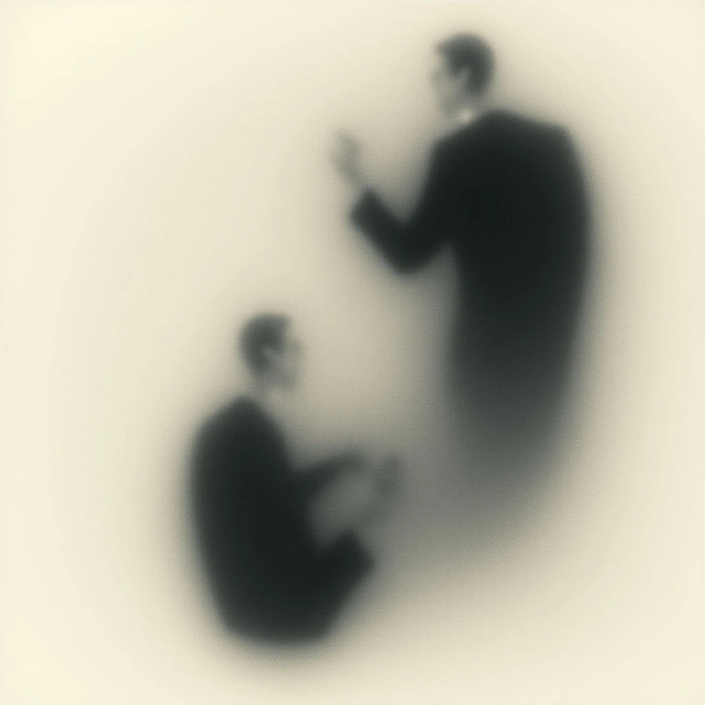 Two figures are blurred and indistinct, appearing as dark shadows against a pale background. One figure stands with arms outstretched while the other is seated, seemingly engaged in conversation or confrontation. The overall impression is one of tension and ambiguity, lacking sharp details and creating a sense of unease.