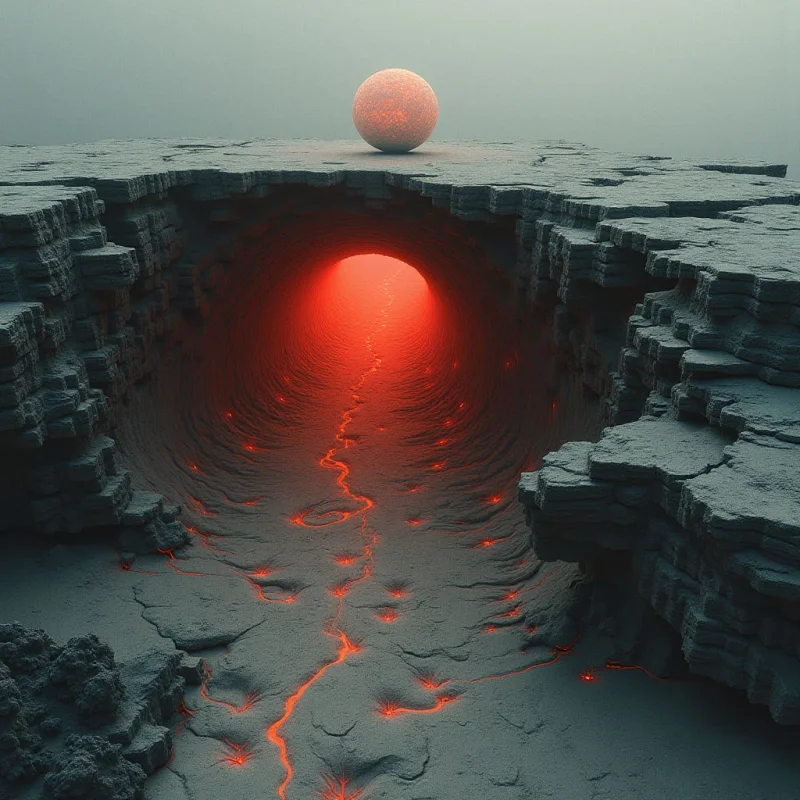 The image features a largely gray and textured landscape with a large central chasm emitting red light. A spherical form of similar reddish hue is positioned above the horizon line, contrasting with the cool tones of the surrounding terrain. The spatial arrangement emphasizes depth as the chasm recedes into darkness, punctuated by small points of glowing red within its rocky structure.