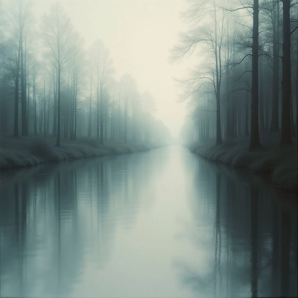 A long, still canal stretches into a bright haze at the horizon. Bare trees line both banks of the water, their forms softened by thick fog. The overall tone is muted and cool, creating a sense of quiet isolation.