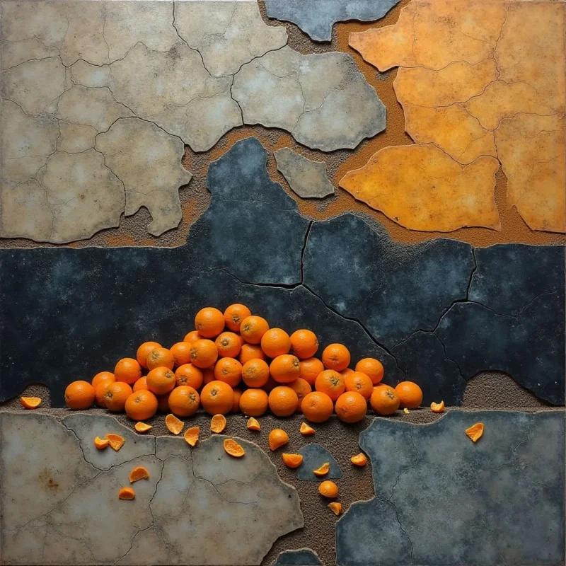The image features a cluster of small orange fruits arranged on a fractured surface divided into sections of beige, dark blue-gray, and ochre tones. The surface has a heavily textured, cracked appearance throughout, contrasting with the smooth skins of the fruit and scattered peels. Light appears to come from above, creating subtle shadows within the cracks and highlighting the rounded forms of the oranges against the darker background areas.